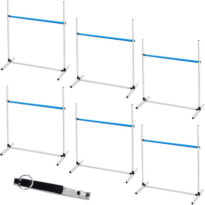 6 Pcs Dog Agility Training Equipments Dog Agility Jumps Hurdles Adjustable Jumps Hurdles Pet Jump Bars with Bag and Whistle for Indoor Outdoor Dogs Pet Jump Course Game(Blue and White)
