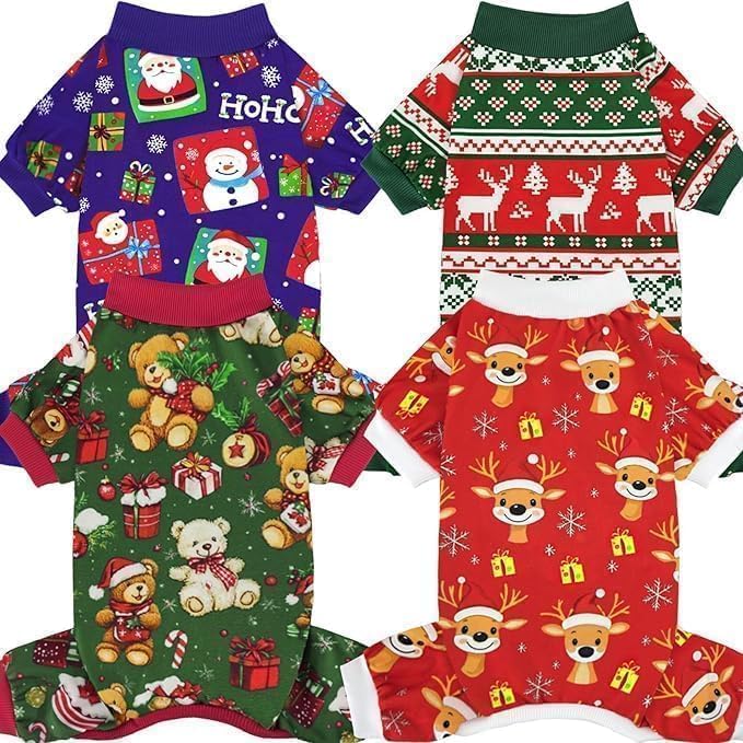 XPUDAC 4 Pieces Dog Pajamas for Small Dogs Pjs Clothes Puppy Onesies Outfits for Doggie Christmas Shirts Sleeper for Pet, XS by XPUDAC