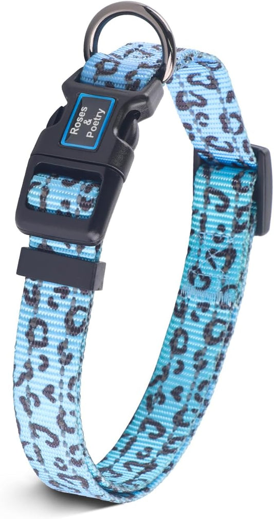 Roses&Poetry Small Dog Collar, Cute Leopard Style Adjustable Reflective Puppy Collars Durable Pet Collars for Small Medium Large Dogs(Azure-Leopard S)