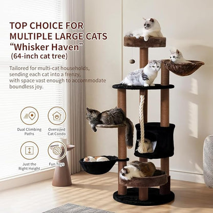 64 in Heavy Duty Cat Tree, Cat Tower for Indoor Large Cats, Multi-Level Cat Furniture with Sisal Scratching Post, Hammock Extra-Large Platform & Condo (Brown)