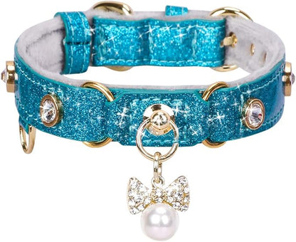 PetsHome Cat Collar, Dog Collar, [Bling Rhinestones] PU Leather Adjustable Pet Collar with Luxury Pendant for Big Cat and Small to Medium Dog Small Blue