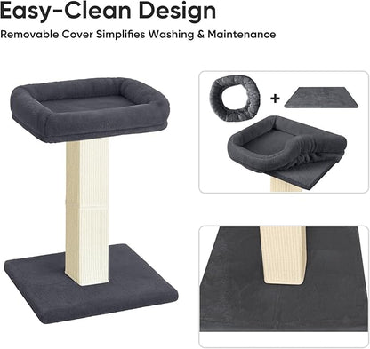 AGYM Cat Scratching Post, 32”Cat Scratcher with Large Plush Perch, Sisal & Carpet Scratching Post, Vertical Posts with Elevated Bed for Indoor Cats, Removable& Washable Cover, Darkgrey