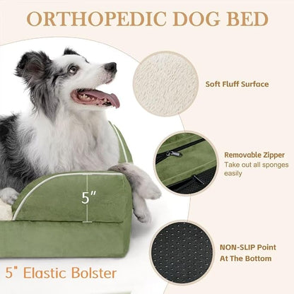 Comfort Expression Orthopedic Dog Bed for Extra Large Dogs 42x30 Inch, Waterproof Egg Crate Foam XL Pet Bed with Removable Bolsters, Dog Couch with Washable Cover & Non-Slip Bottom, Light Green