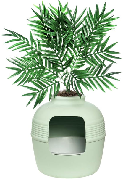 Good Pet Stuff Hidden Litter Box Planter, Decorative Cat Litter Enclosure with Carbon Filter, Artificial Plant, Easy Clean, Indoor Design, Original Round Style, Essentials Kit, Seagrass Green