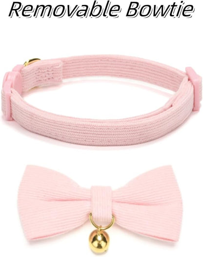 Soft Corduroy Cat Collar with Bell and Bowtie, Safety Breakaway Clasp, Adjustable for Kitten and Cats Pink Color.