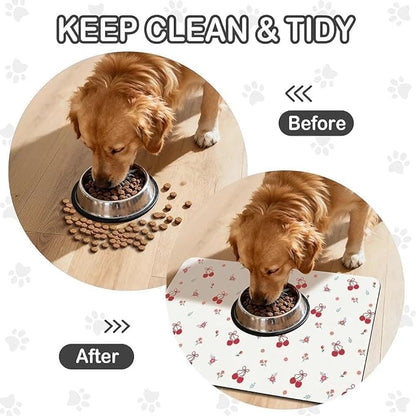 Dog Food Mat for Pet Cat Food Mat, Cherry Absorbent Quick Dry Dog Bowl Mats for Food and Water, Non-Slip Cat Pet Feeding Mats for Floor Placemats 12"x20"