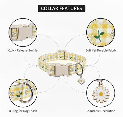 Cute Dog Collar, Yellow Plaid Dog Collar with White Floral Pattern, Spring Summer Design Floral Collar for Girls Boys Extra Small Dogs, Yellow Checkered Daisy, XS
