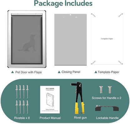 [Parab House] Aluminum XL Dog Door for Door, Open Size:24.4" H x 13.8'', Heavy Duty Doggy Door with Full Enclosed Magnetic Flaps,Extreme Weather Doggie Doors,Giant Doggie Door(Silver, XLarge)Pet Door