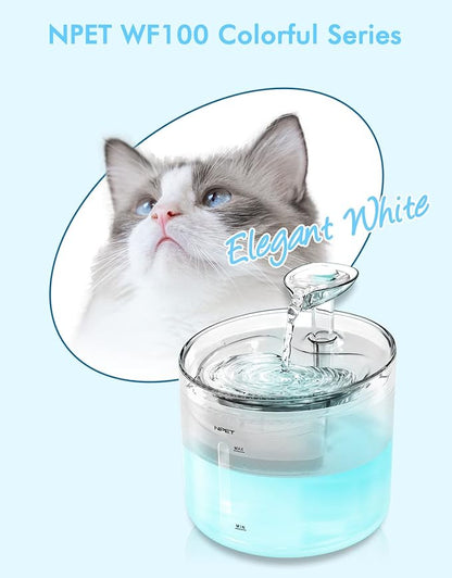 NPET WF100 Cat Fountain, 54oz/1.6L Automatic Pet Water Fountain Dog Water Dispenser with LED Light Quiet Pump for Cats & Small Dogs(Fountain+8 Filters +8 Sponges, White)