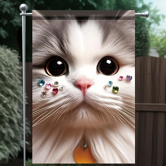 Cute Cat Garden Flag 12x18 Inch Double Sided Outdoor Yard Banner Adorable White Kitten with Gemstone Whiskers Sparkling Eyes Pet Lover Decor for Spring Summer Porch Lawn
