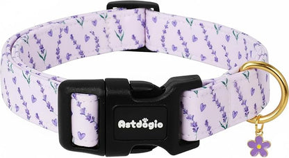 Dog Collar for Medium Dogs, Spring Purple Dog Collars with Flowers Pattern, Adjustable Cotton Dog Collars, Cute Girl or Boy Dog Collar Ideal for Gifts,Pet Accessory