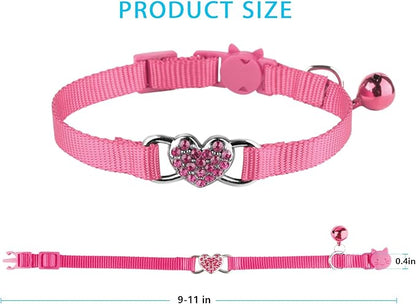 2 Pcs Cat Collars Heart Bling Breakaway with Bell Nylon Adjustable for Kitty(Black+Pink)