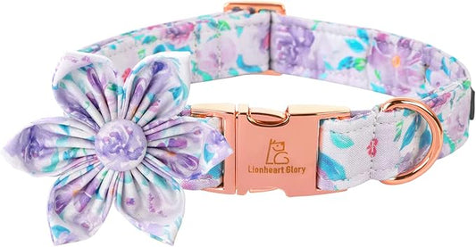 Lionheart Glory Purple Dog Collar With Flower - Cute Floral Pattern Adjustable Pet Collar for Small Dogs