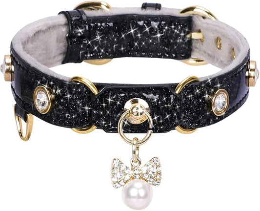 PetsHome Cat Collar, Dog Collar, [Bling Rhinestones] PU Leather Adjustable Pet Collar with Luxury Pendant for Big Cat and Small to Medium Dog Small Black