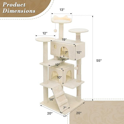 Athena Collection Multi-Level Cat Tree Center with 2 Cat Condo & Scratching Post & Dangling Ball, 54 Inch Tall Cat Tower, Beige