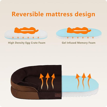 Dwanton Orthopedic Dog Bed for Medium Dogs with Gel Memory Foam, Waterproof Dog Sofa, Washable Pet Bed with Four Sided Bolster Cushion, Removable Cover & Non-Slip Bottom, 35", Brown