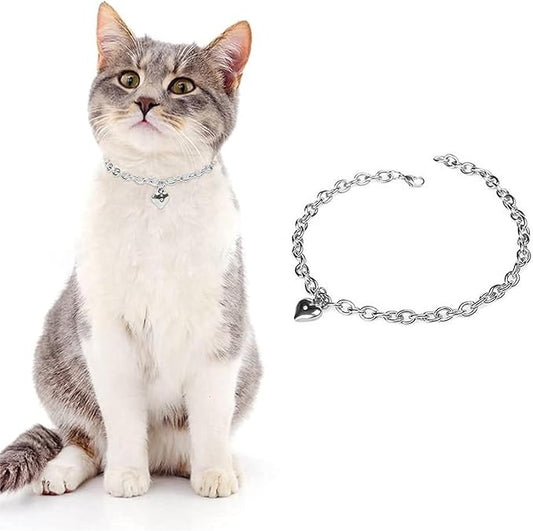 HOWWFALY Dog Collar and Cat Chain Necklace Stainless Steel Adjustable 18K Sliver Heart-Shaped Necklace for Small Pets Cats Kitten Puppy (Sliver, 10 inch)