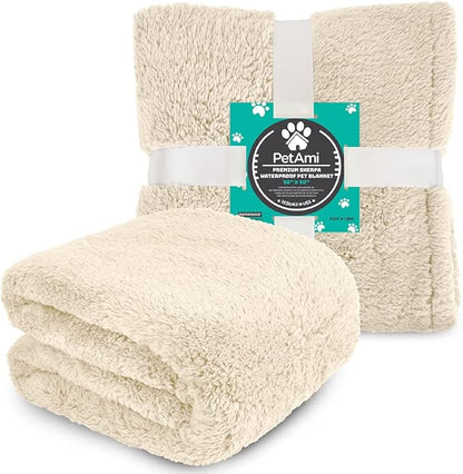 PetAmi Fluffy Waterproof Dog Blanket for Bed Large Dogs, Soft Warm Pet Sherpa Throw Pee Proof Couch Cover, Reversible Cat Blanket Sofa Crate Kennel Protector, Washable Mat Queen (Beige Cream, 90x90)