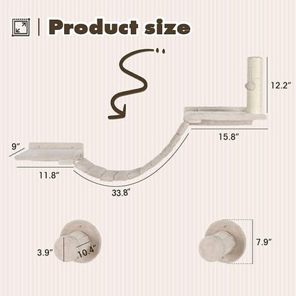 Cat Wall Shelves Climber Systems, Set of 7 Heavy Duty Wall-Mounted Cat Furniture Set with Scratcher Post, Bridge Ladder, Wooden Platform and Hanging Ball for Kittens, Large Cats