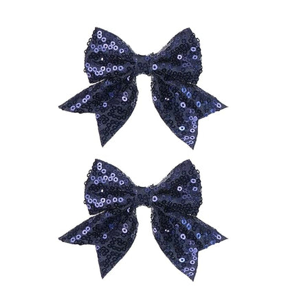 3-inch Sequined Bow Hair Clips For Baby Girls, Toddler, Kids and Young Women Birthday Party Wedding Christmas Occasions Pet Accessories Set of 2 (Navy)