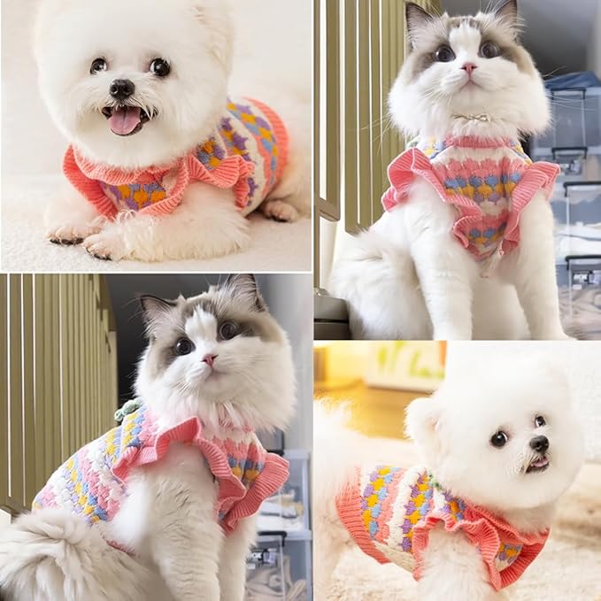 Small Dog Sweater, Knitted Tulip Cat Sweater, Warm Thick Holiday Puppy Clothes for Small Dog Girl,Cold Weather Outfit for Kitten Chihuahua Yorkie Teacup Dachshund Pug (Pink, X-Large)