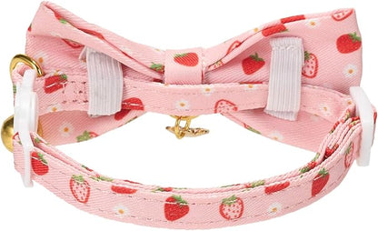 2 Pack Cat Collars, Removable Bowtie, Floral Pattern, Safety Breakaway Clasp, Adjustable for Cats.(Adult Cat, Pink Strawberry and White Heart)