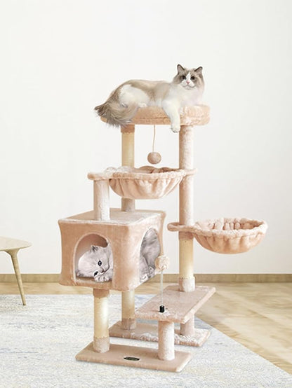 KIYUMI Cat Tree Cat Tower Condo with Sisal Scratching Post for Indoor Cats Cat Tree Cat Furniture with Hammock Perch and Kitten Ball Toys, Multi-Level Pet Activity Center Beige