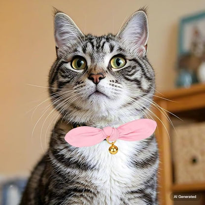 Bunny Ear Cat Collar with Bell and Bow Tie, Breakaway Cute Bowtie Kitten Collars(Light Pink)