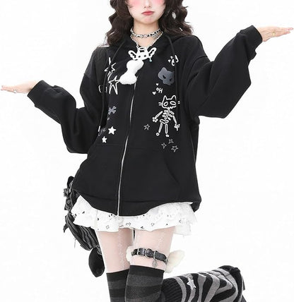 Womens Y2K Zip Up Cute Graphic Hoodies Cat Ears Casual Cartoon Harajuku Kawaii Clothes Oversize Streetwear Jacket