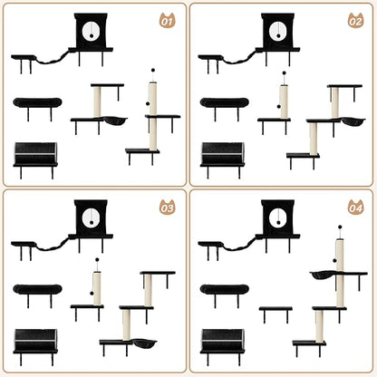 NUNU LAB Cat Wall Shelves Set, 7 Pcs Wall-Mounted Cat Climber with Cat House, Tunnel, Bridge, Scratching Post, Hammock, Wall Shelves, Black
