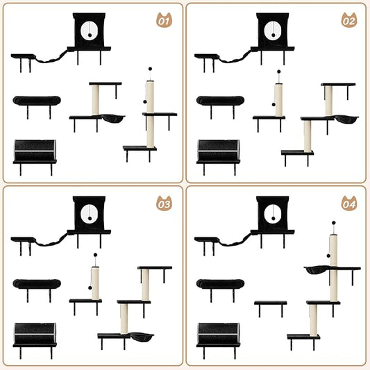 NUNU LAB Cat Wall Shelves Set, 7 Pcs Wall-Mounted Cat Climber with Cat House, Tunnel, Bridge, Scratching Post, Hammock, Wall Shelves, Black