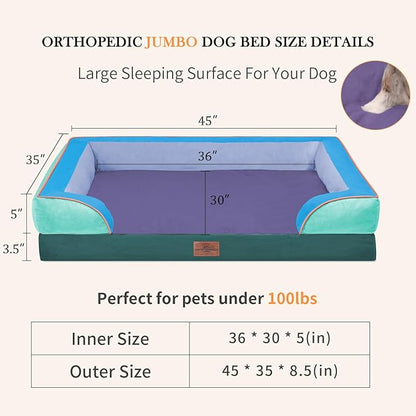 Comfort Expression Orthopedic Dog Bed for Extra Large Dogs 45x35 Inch, Waterproof Egg Crate Foam XL Pet Bed with Removable Bolsters, Dog Couch with Washable Cover & Non-Slip Bottom, Violet Tide