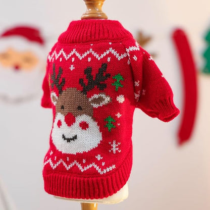 Christmas Dog Outfit Red Puppy Sweater for Small Dogs Girl Boy Elk Snowflake Cat Knitwear Reindeer Knitted Pet Clothes Santa Deer Costume for Chihuahua Yorkie Poodle (Red-2, Medium)
