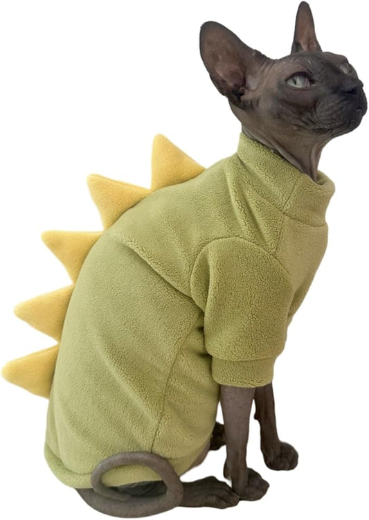 Dinosaur Sphynx Cat Clothes, Soft Polar Fleece Sweater for Cat, Elastic Pet Clothes Thick Winter Warm Outfit for Hairless Cat, Devon, Cornish, Small Dogs Apparel with Sleeves (Green, Medium)