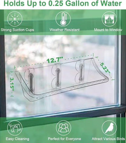 Clear Window Mounted Bird Feeder Bath with Strong Suction Cups for Outside, Transparent Glass Birdfeeder Birdbath for Cats, Kids, Elderly Viewing, 2 Pack