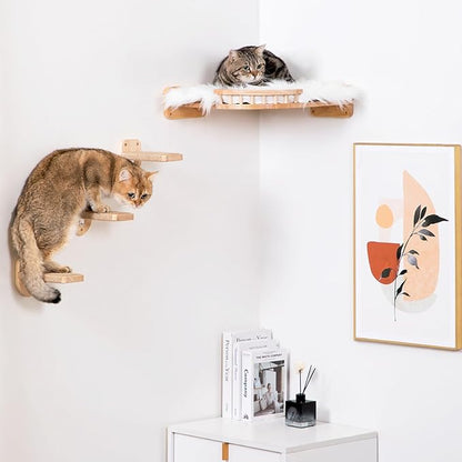 Cat Shelves - 3-Step Wall Climbing Set with Plush Bed, Ideal for Large Cats - RubberWood