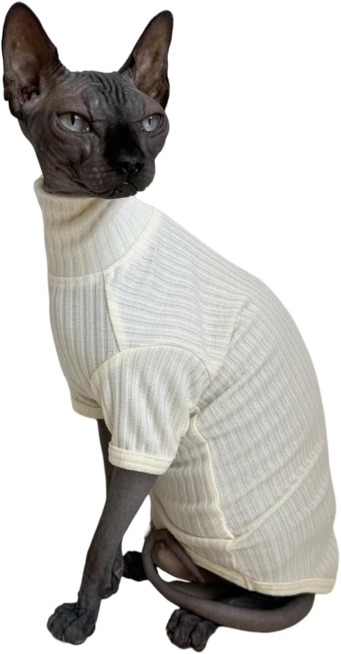 Sphynx Cats Shirt Cat Turtleneck Cotton Sweater Pullover Kitten T-Shirts with Sleeves Cat Pajamas Jumpsuit for Sphynx Cornish Rex, Devon Rex, Peterbald (White, Large (Pack of 1))