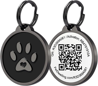 Pet Dwelling QR Code Pet ID Tag – Smart Dog & Cat ID Tags for Pet Safety, Free Personalized Online Profile, Instant Scan Alerts, AI Insights (Lux Black Paw)