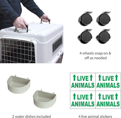 SportPet Designs Plastic Kennels Rolling Plastic Airline Approved Wire Door Travel Dog Crate, XXX-Large, Gray