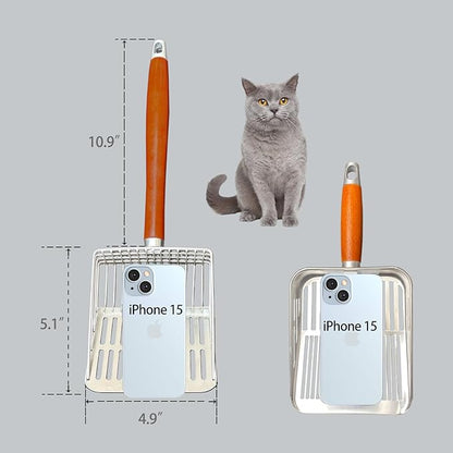 Designed for Deep Litter Boxes, Long Handle Metal Cat Litter Scoop with Holder, Keeps Hands Clean and Away from Odor, Stainless Steel