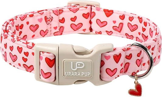 Valentine's Dog Collar, UP URARA PUP Pink Heart in Red Adjustable Pet Collar with Bowknot Charm, Wedding Dog Accessories for Small Medium Large Dogs