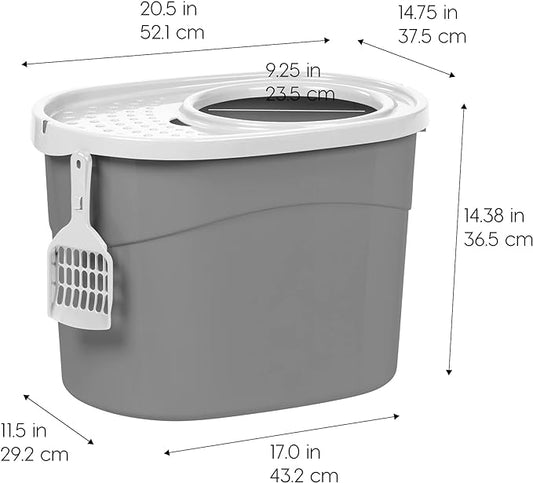 IRIS USA Top Entry Cat Litter Box, Large Enclosed with Litter Catching Lid and Scoop, Dog Proof, Cat Litter Box, Gray/White