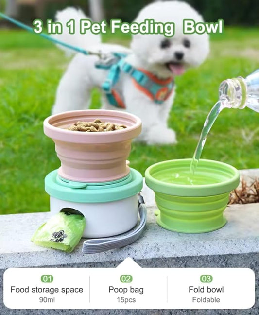 3 in 1 Collapsible Dog Bowl, Treat Container, Poop Bag Holder with 1 Roll Poop Bags – Practical Silicone Dog Bowl – Durable Pet Bowls for Travel Essentials, Daily Walks (Green)