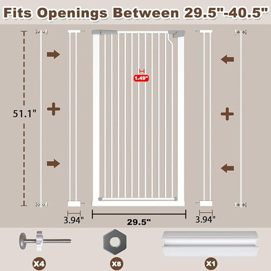 Fairy Baby 51.18" High Extra Tall Cat Gate, 29.5"-40.5" Wide Baby Gate for Stairs No Drill, Metal Auto Close Child Safety Gate Dog Gates for Doorways Pressure Mounted Walk Thru Swing Pet Gate, White