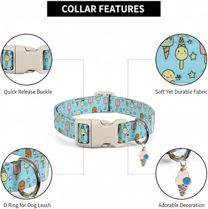 Small Dog Collar, Cute Dog Collar with Ice Cream Print and Charm for Girls Boys Dogs, Adjustable Blue Pet Collar for Small Dogs, Spring Summer Design Collar, S