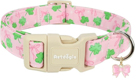 St. Patrick's Day Dog Collar,Pink Bow with Green Clover Puppy Collar,Adjustable Spring Cotton Collars Gifts for Small Medium Large Dogs,Dog Accessories XS