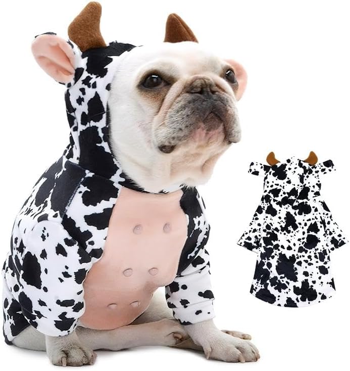 DELIFUR Dog Halloween Cow Costume - French Bulldog Adorable Cow Holiday Outfit Cute Hoodie Halloween Cosplay Animal Costume for Medium Dog (Cow, X-Large) by DELIFUR
