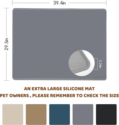 Dog Food Mat, 39.4×29.5in Extra Large Silicone Pet Feeding Mat - Waterproof, Non - Slip, Chew - Resistant for Food & Water, Protect Floors (Light Gray)
