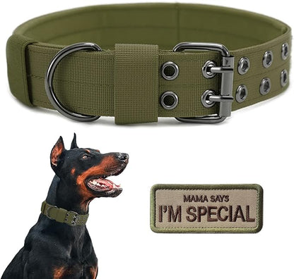 Tactical Dog Collar Military Adjustable Dog Collars Soft Nylon Training Collar with Patch Heavy Duty Metal Buckle Collars for Medium Large Dogs (Green, M)
