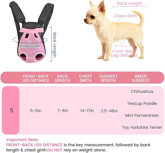 Dog Backpack Carrier, Thick Straps & Cushion, Pet Sling Front Backpacks for Small Medium Dogs 2.5-4 Lbs, Legs Out, Adjustable Wearable Puppy Chest Travel Bag, Easy-Fit for Hiking/Walking/Camping